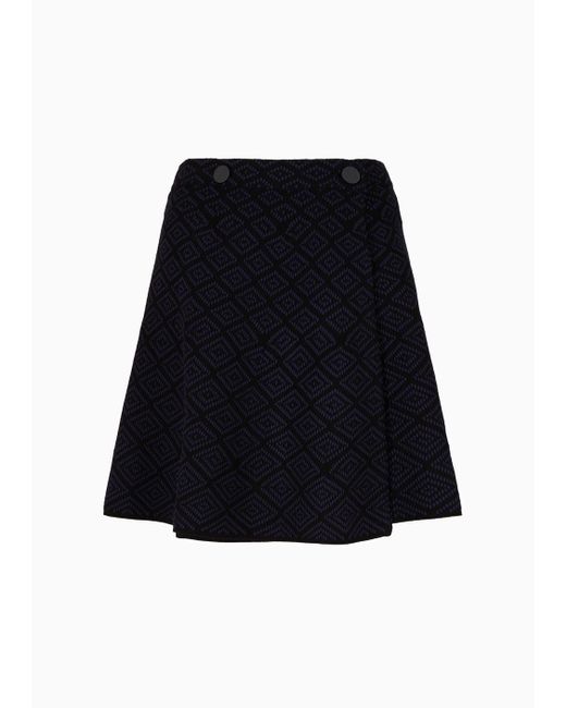 Emporio Armani Black Flared Wrap Skirt In Stretch Knit With A Jacquard Motif