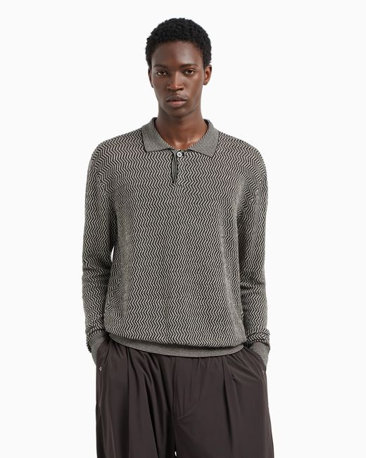 Emporio Armani Gray Asv Linen And Lyocell-Blend Polo-Collar Jumper With Chevron Motif for men