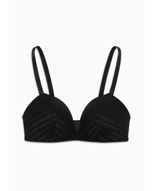 Emporio Armani Black Armani Sustainability Values Padded Triangle Bra In Recycled Bonded Mesh With All-over Lettering