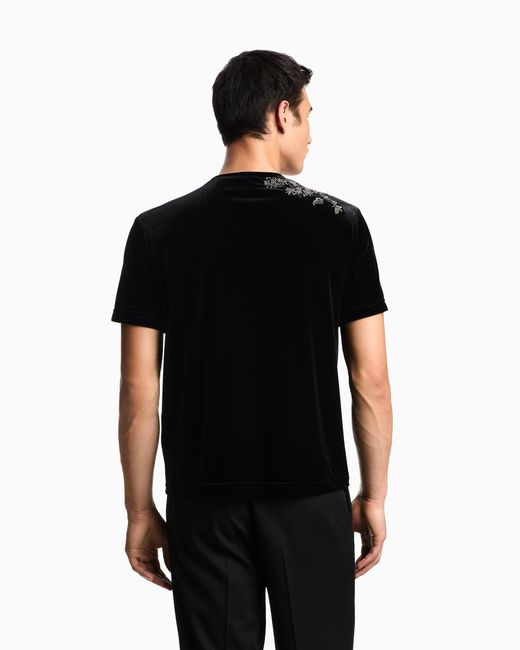 Emporio Armani Black Chenille Jersey T-Shirt With Beaded Embroidery for men