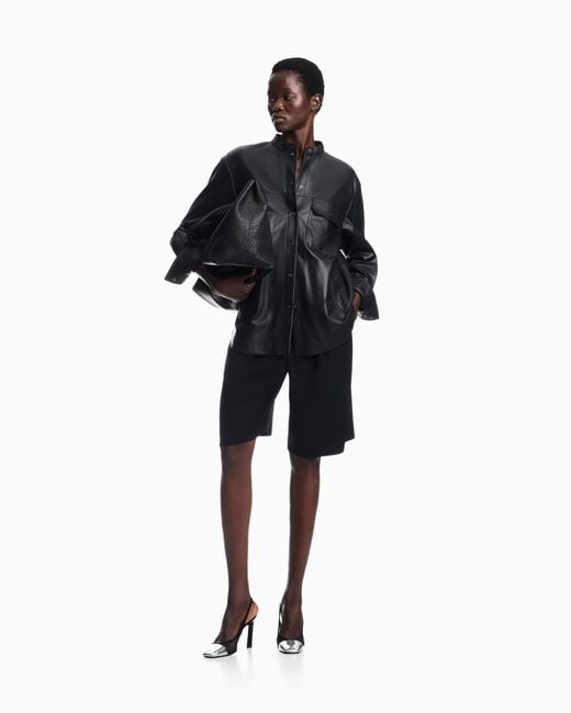 Emporio Armani Black Leather Shirt With Stand-Up Collar And Snap Buttons