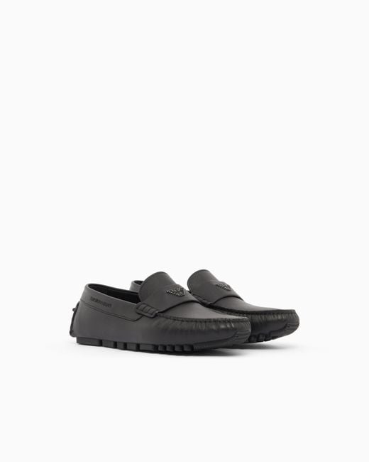 Emporio Armani White Saffiano Leather Driving Loafers for men