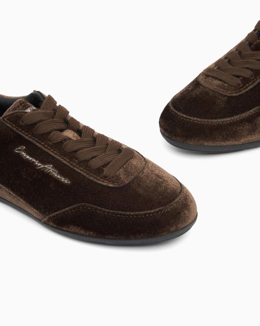 Emporio Armani Brown Velvet Low-Top Sneakers With An Embroidered Side Logo