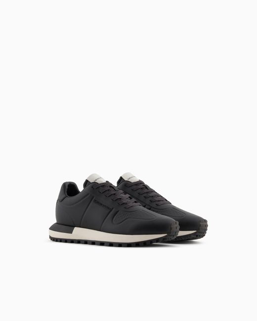 Emporio Armani Black Leather Sneakers With Thermoformed Details for men