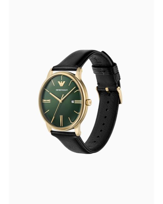 Emporio Armani Green Three-hand Date Black Leather Watch for men
