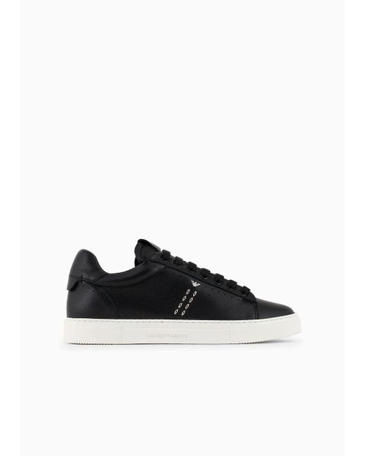 Emporio Armani Black Leather Sneakers With Studs And Perforated Motif