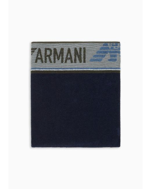 Emporio Armani Blue Terry Beach Towel With Logo Stripes