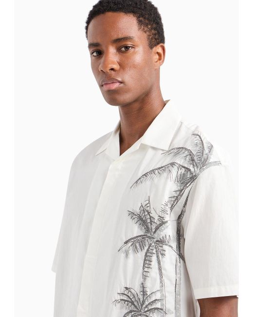 Emporio Armani White Short-sleeved Shirt With Palm-tree Embroidery And Print for men