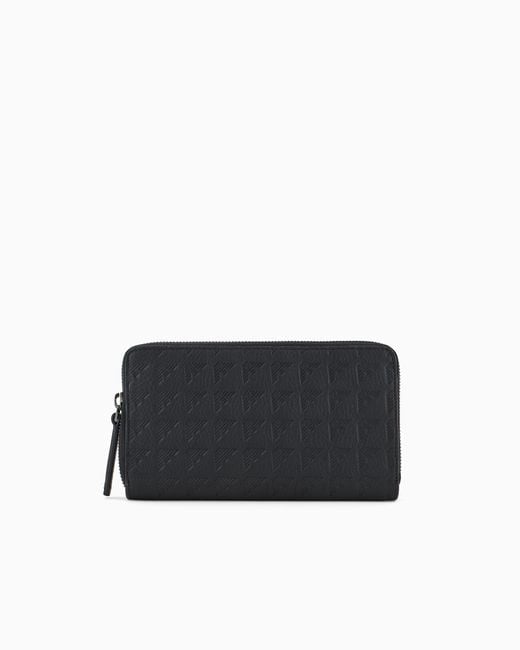 Emporio Armani Black Zip-Around Leather Wallet With All-Over Embossed Eagle for men