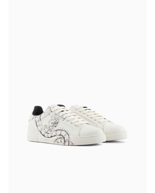 Emporio Armani White Dragon-print Leather Sneakers