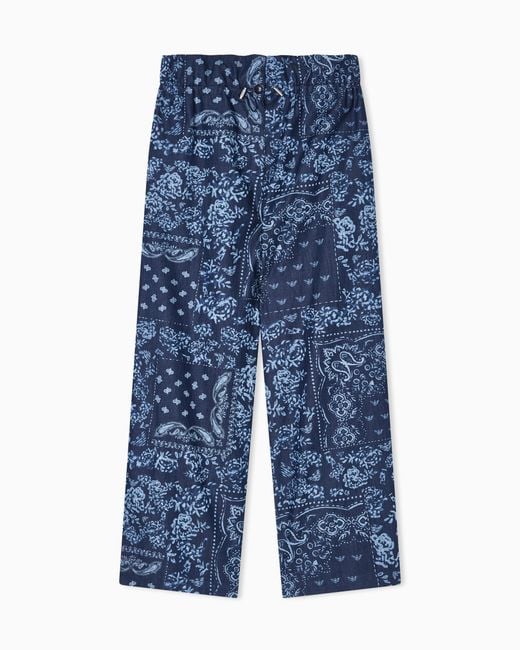 Emporio Armani Blue Chambray Trousers With All-Over Print