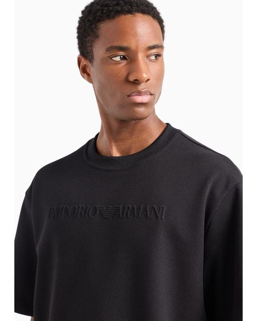 Emporio Armani Black Interlock Piqué T-shirt With Embossed Domed Logo for men