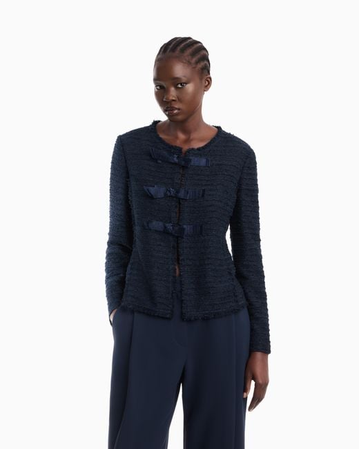 Emporio Armani Blue Unlined Textured Jacket With Ottoman Bows And Round Neckline