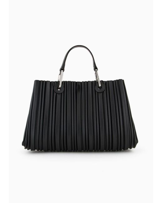 Emporio Armani Black Asv Myea Small Shopper Bag In Pleated, Recycled Faux Nappa Leather