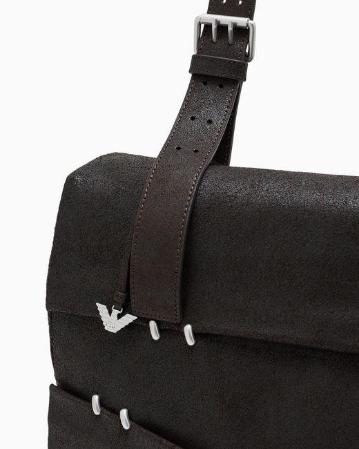 Emporio Armani Black Waxed Suede Messenger Bag for men