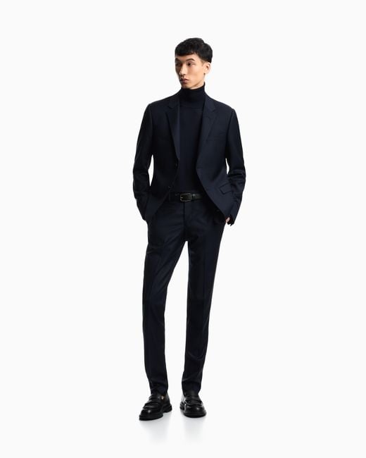 Emporio Armani Blue Plain Worsted Wool Single-Breasted Jacket for men