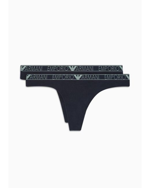 Emporio Armani Blue Asv Two-pack Of Organic-cotton Thongs With Logo Studs