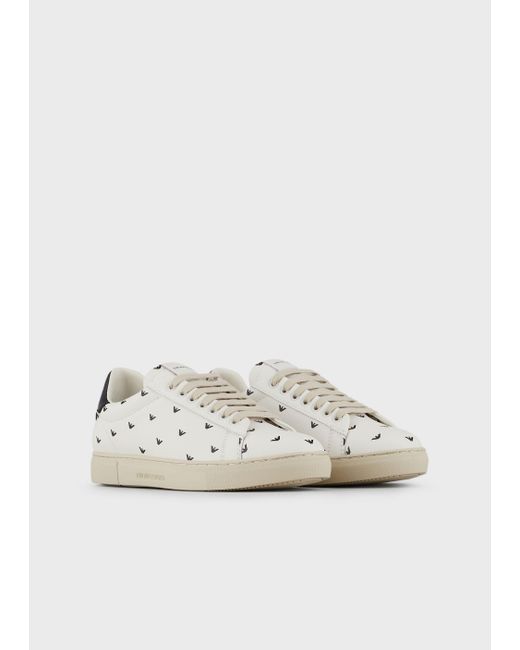 Emporio Armani White Soft Leather Sneakers With All-over 3d Eagle