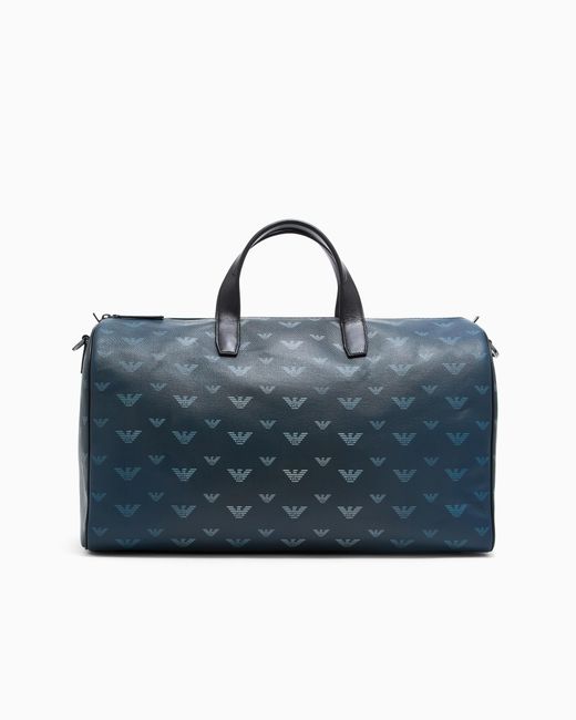 Emporio Armani Blue Coated Canvas Bowling Bag With All-Over Eagle for men