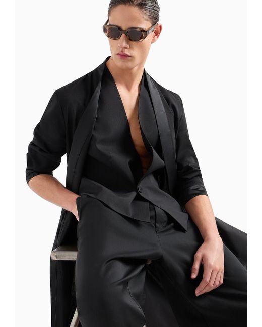 Emporio Armani Black Crisp-feel Tropical Virgin Light Wool Overcoat With Robe Fastening for men