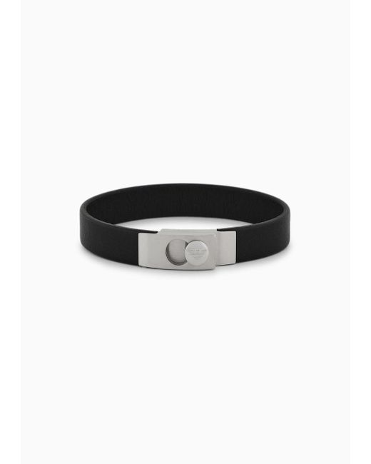 Emporio Armani Stainless Steel And Black Leather Strap Bracelet for men