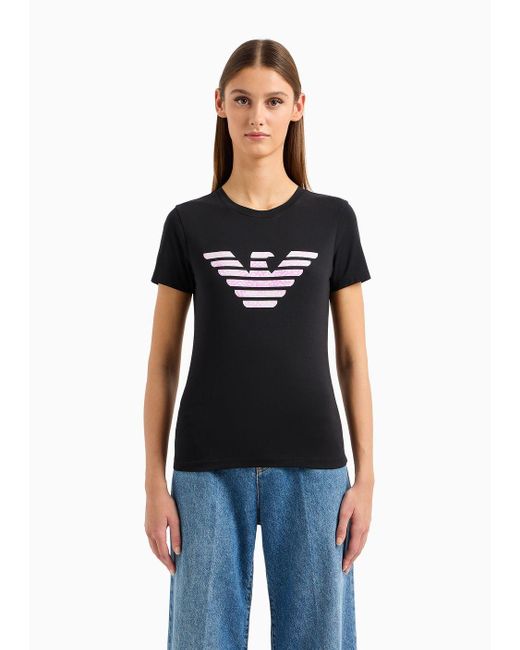 Emporio Armani Black Organic Stretch Jersey T-shirt With Asv Oversized Eagle Pattern