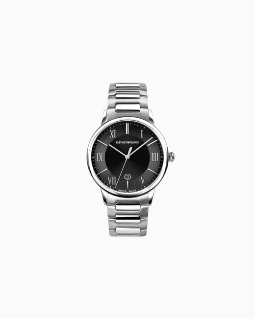 Emporio Armani Black Swiss Made Three-Hand Date Stainless Steel Watch for men