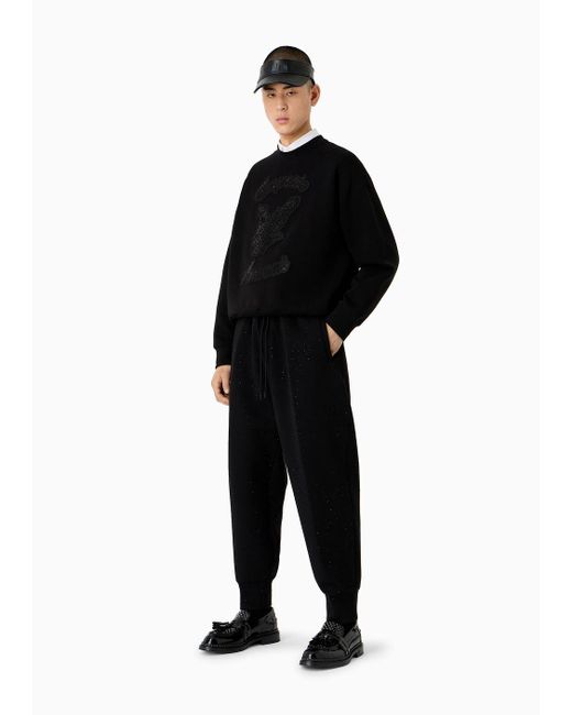 Emporio Armani Black Double-jersey Oversized Sweatshirt With Clubwear Patch And Rhinestone Embroidery for men