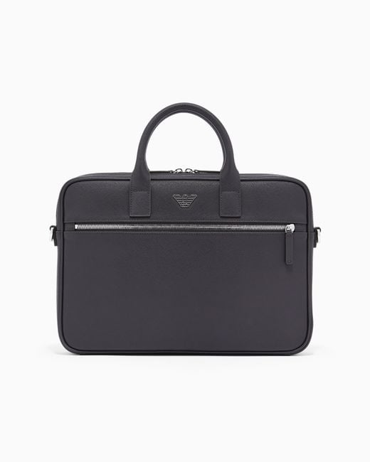 Emporio Armani Blue Regenerated Saffiano Leather Business Bag With Eagle Plate for men