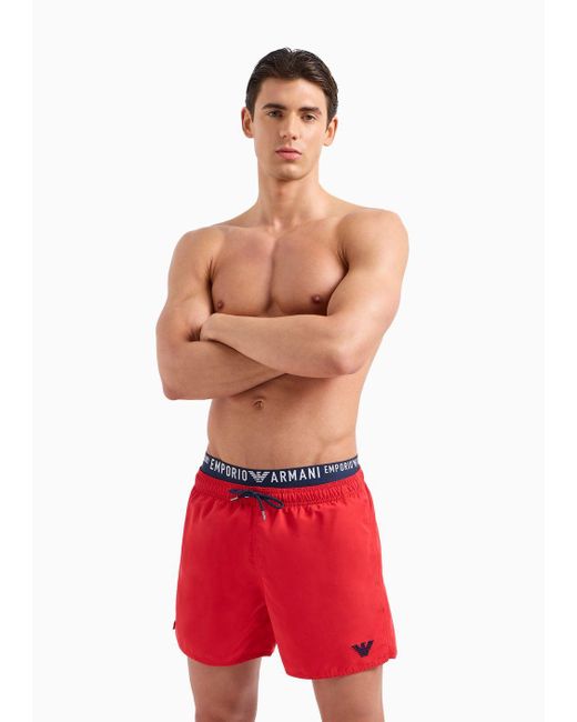 Emporio Armani Red Asv Recycled-fabric Swim Shorts With Logoband for men