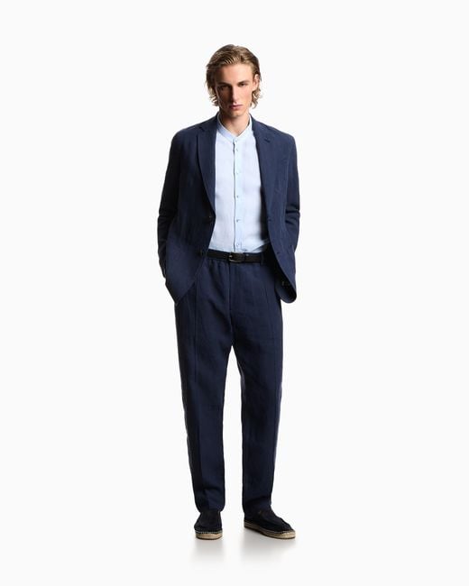 Emporio Armani Blue Pure Linen Shirt With Guru Collar for men