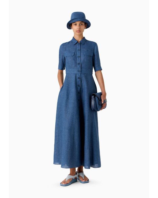 Robe Longue À Manches Courtes En Lin Délavé Icon Emporio Armani en coloris Blue