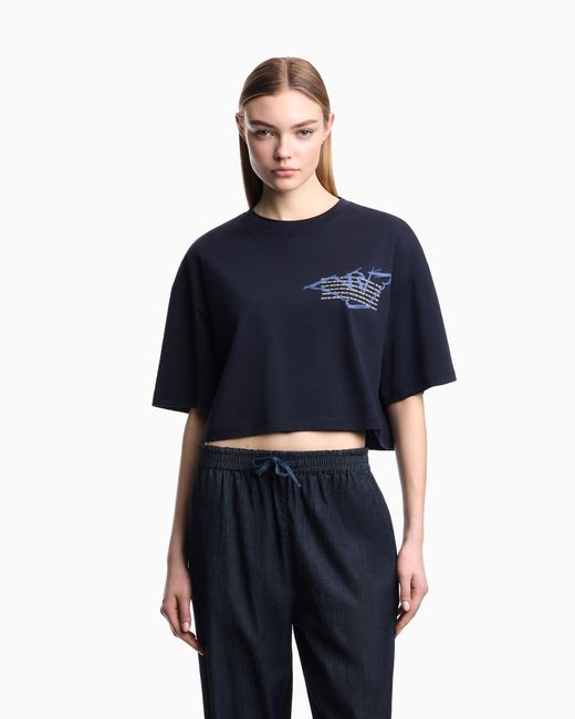 Emporio Armani Blue Cropped Jersey T-Shirt With Eagle Print