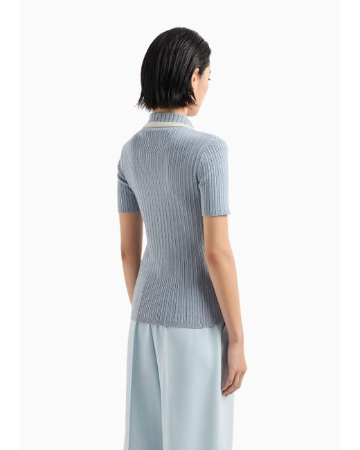 Emporio Armani Blue Icon Short-sleeved Polo-shirt Jumper In A Ribbed Cashmere Blend