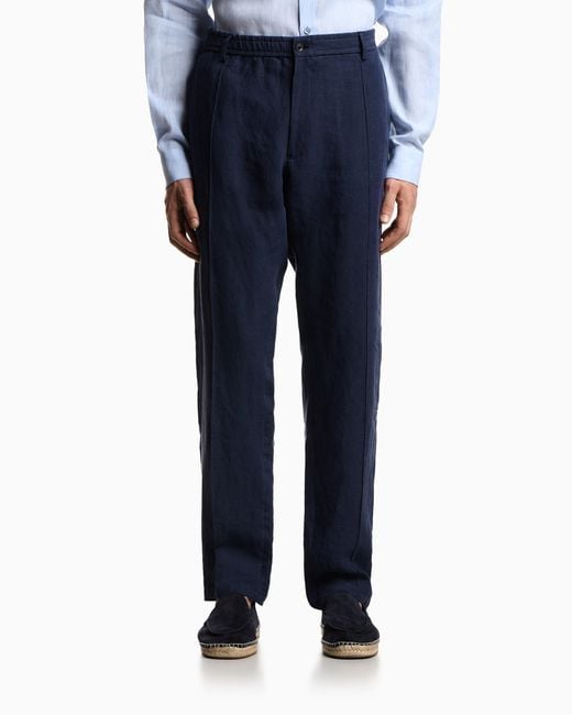 Emporio Armani Blue Crêpe-Effect Faded Linen Trousers With Pleats for men