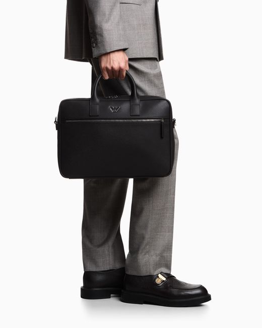 Emporio Armani Blue Regenerated Saffiano Leather Business Bag With Eagle Plate for men