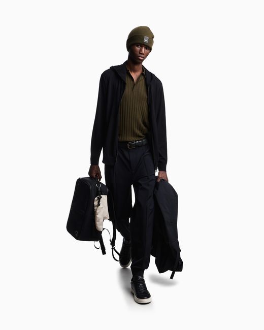 Emporio Armani Green Travel Essential Rib Knit Jacquard Polo Collar Jumper for men
