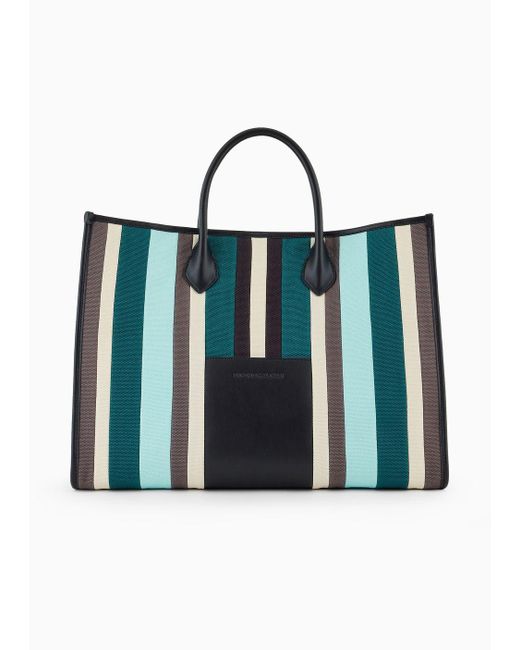 Emporio Armani Blue Shopper Bag In Multicolour Striped Canvas for men