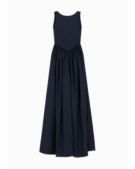 Emporio Armani Blue Long, Full-skirted Poplin Dress With Gathered Waist