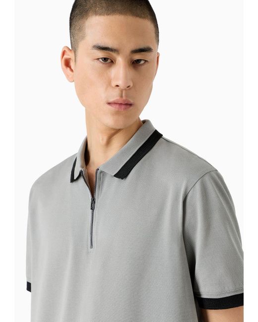 Emporio Armani Gray Mercerized Piqué Polo Shirt With Zipper And Contrasting Trim for men