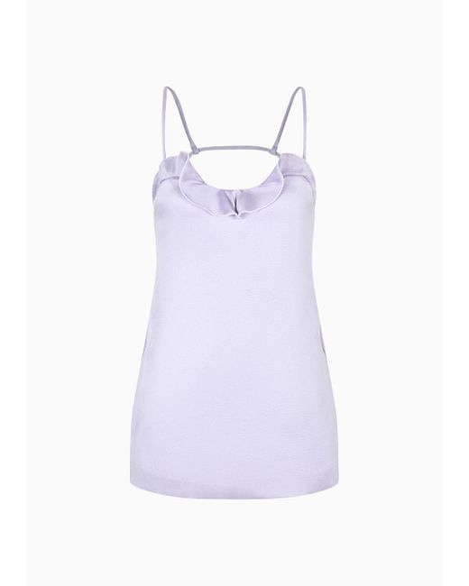 Emporio Armani Purple Technical Duchess Satin Dress With Shoulder Straps And Ruffles At The Neckline