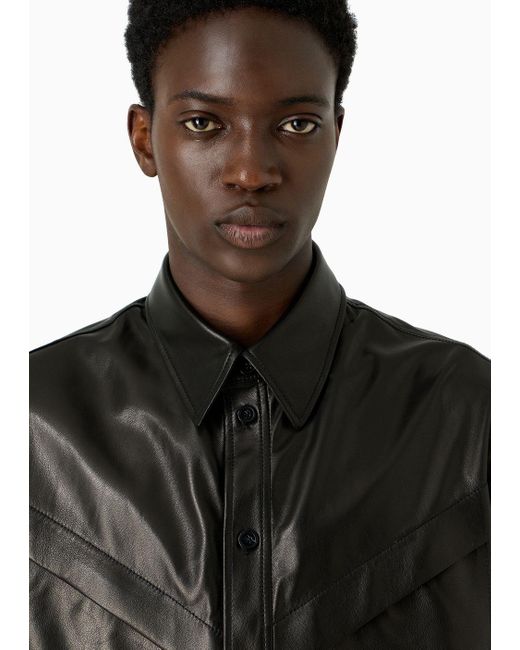 Emporio Armani Kurzärmeliges Hemd Aus Teilweise Pflanzlich Gegerbtem Plongé-lammnappaleder in Black für Herren