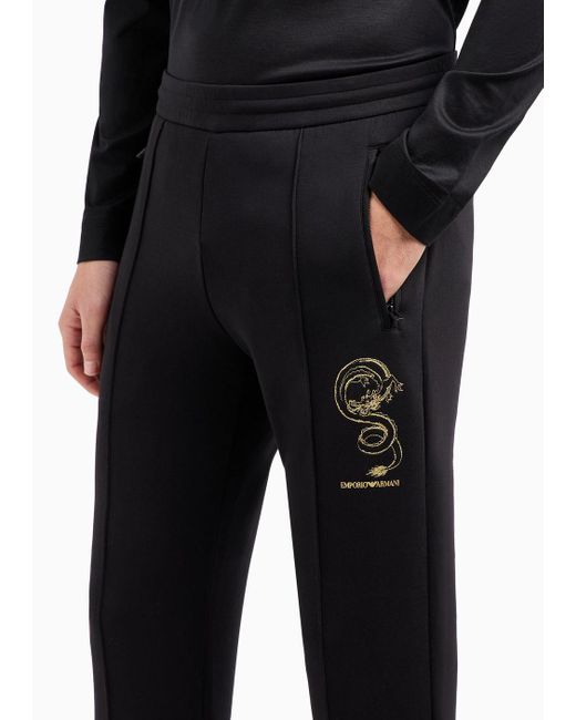 Emporio Armani Black Double-jersey Joggers With Dragon Embroidery for men