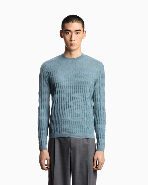 Emporio Armani Blue Diamond Stitch Virgin Wool Crewneck Sweater for men