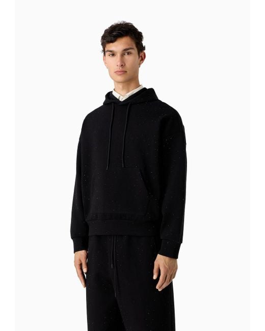 Emporio Armani Black Clubwear Double-jersey Hooded, Oversize Sweatshirt With Rhinestones for men