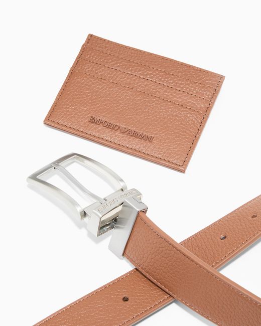 Emporio Armani Geschenkset Aus Gürtel Und Kartenetui Aus Getrommeltem Leder in White für Herren