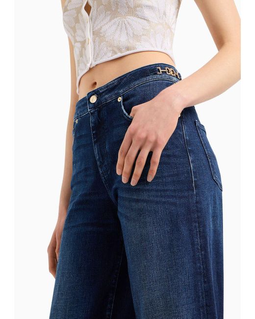Emporio Armani Blue J8b High-waist Wide-leg Jeans In Worn-look Denim With Chain Detail