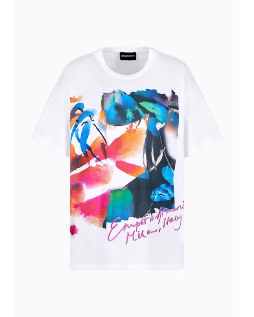 Emporio Armani White Supima Jersey T-shirt With Abstract Print And Logo Embroidery