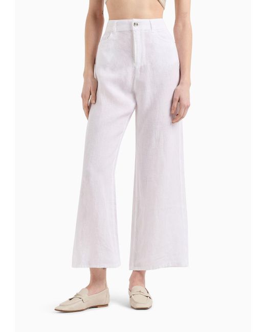 Pantalon J33 Taille Moyenne Et Jambe Courte Évasée, En Pur Lin Emporio Armani en coloris White