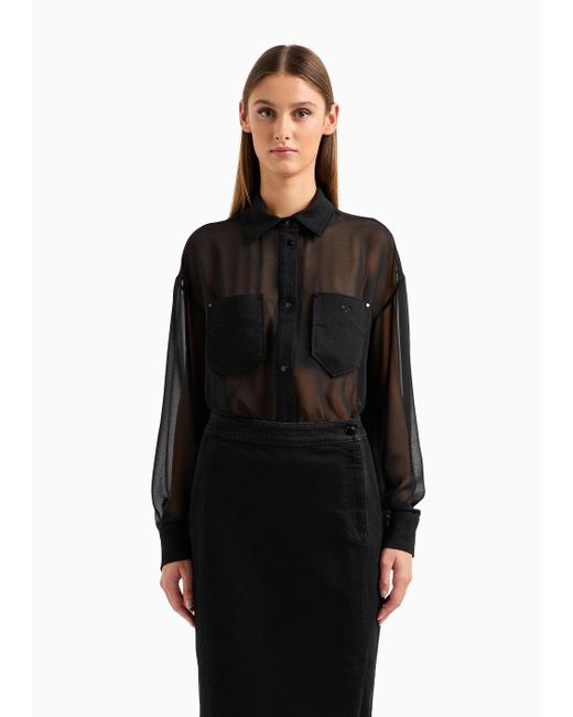 Emporio Armani Black Bodysuit Shirt In Sheer Georgette With Denim Details